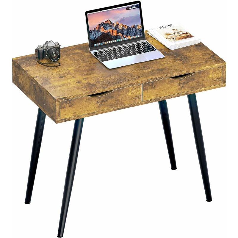 Petit bureau avec 2 tiroirs, 80 cm, table d'ordinateur moderne, console, coiffeuse, salon, marron/noir - Soges