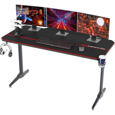 Soges – Bureau gamer ergonomique 140x65x75cm – Structure en acier et ABS – Tapis de souris complet, porte-gobelet, crochet casque – Gestion des câbles