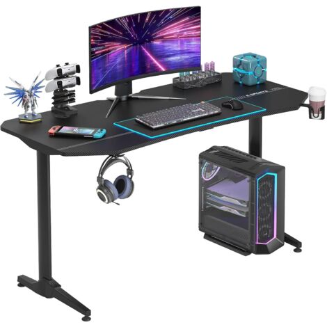 Soges – Bureau gamer ergonomique 160 x 70 cm – Plateau en fibre de carbone – Cadre métallique noir – Tapis de souris, porte-gobelet, crochet casque inclus