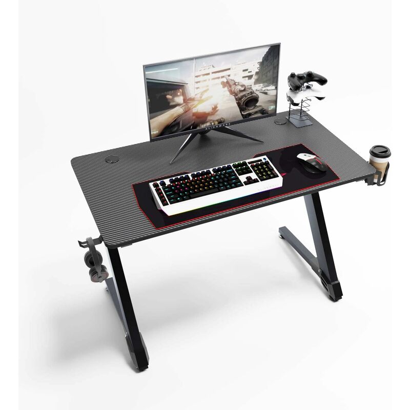 soges Bureau Gaming Bureau Informatique Gaming avec Crochet pour Casque, Porte-gobelet, Support pour Manette de Jeu et Cable Management, Bureau de
