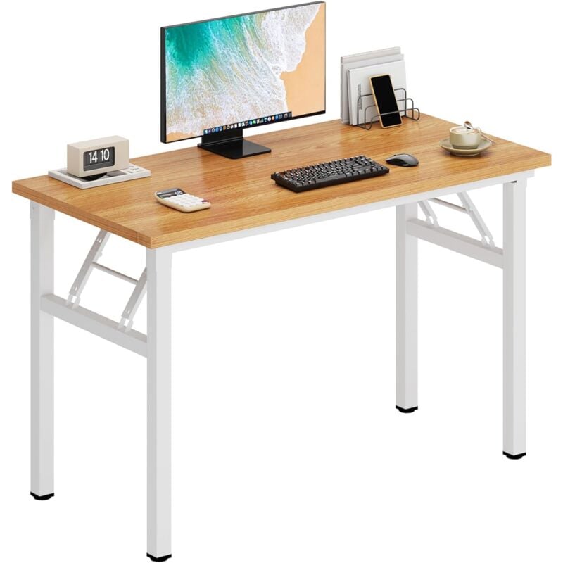 Soges - Petite Table Pliante、Bureau d'angle pour Bureau à Domicile,100x60x75cm,Teck et Blanc