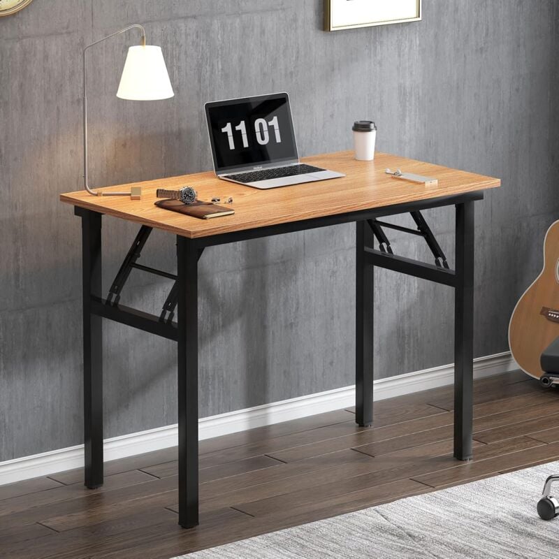Soges - Petite Table Pliante、Bureau d'angle pour Bureau à Domicile ,80x40x76cm,Teck et Noir