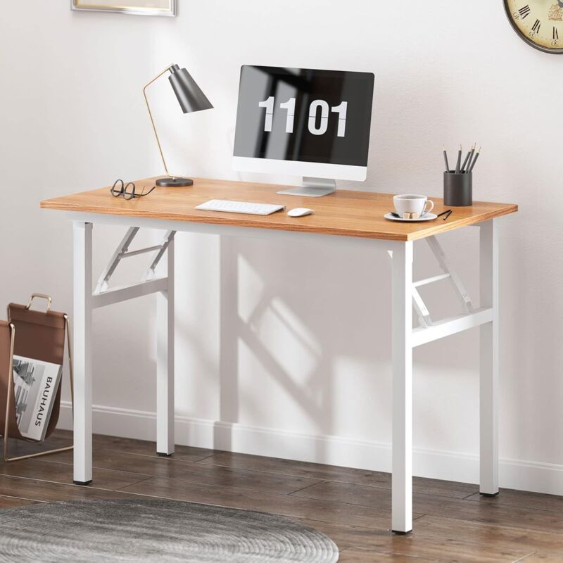 Soges - Petite Table Pliante、Bureau d'angle pour Bureau à Domicile,100x60x75cm,Teck et Blanc