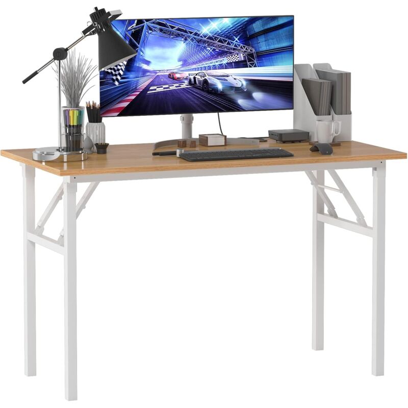 Soges - Petite Table Pliante、Bureau d'angle pour Bureau à Domicile,120x60x75cm,Teck et Blanc