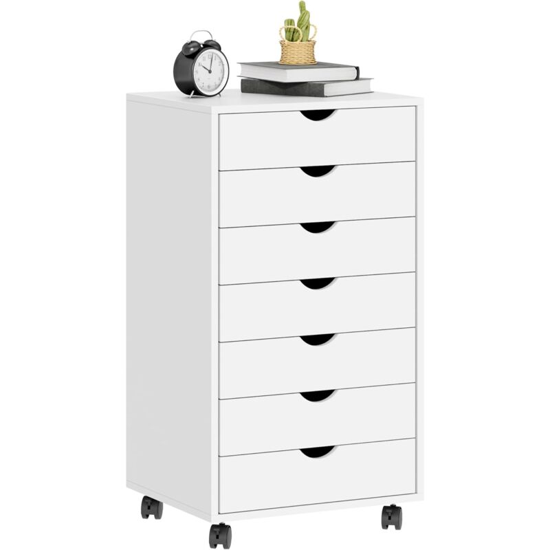 Soges Caisson de bureau mobile 7 tiroirs– Roulettes verrouillables – Support imprimante – Meuble rangement dossier,Blanc