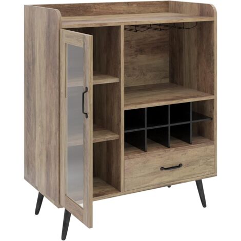 Soges – Cave à vin avec casier et porte-verre intégrés – Buffet en bois MDF – Rangement pour 8 bouteilles et 6 verres – Dimensions 75 x 40 x 92 cm – Marron