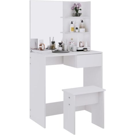Soges Coiffeuse avec Tabouret Table de Maquillage avec Étagère de Rangement, Miroir, Tabouret et Tiroir, Blanc