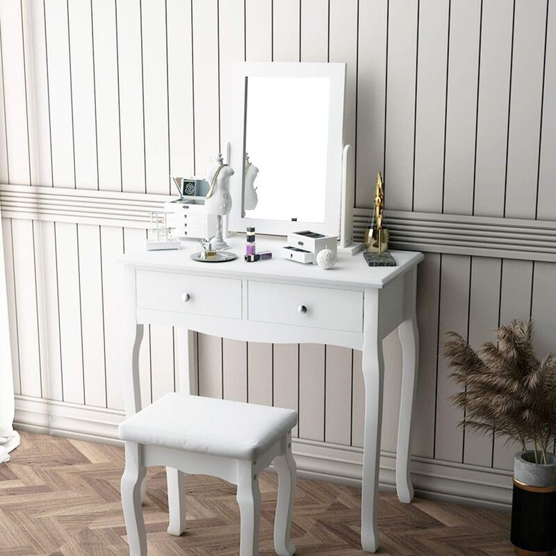 Soges - Coiffeuse Moderne avec Miroir & Tabouret, Table de Maquillage 80 x 40 x 78 cm avec 1 Miroir Pivotant & Amovible, 2 Tiroirs en MDF et en Bois