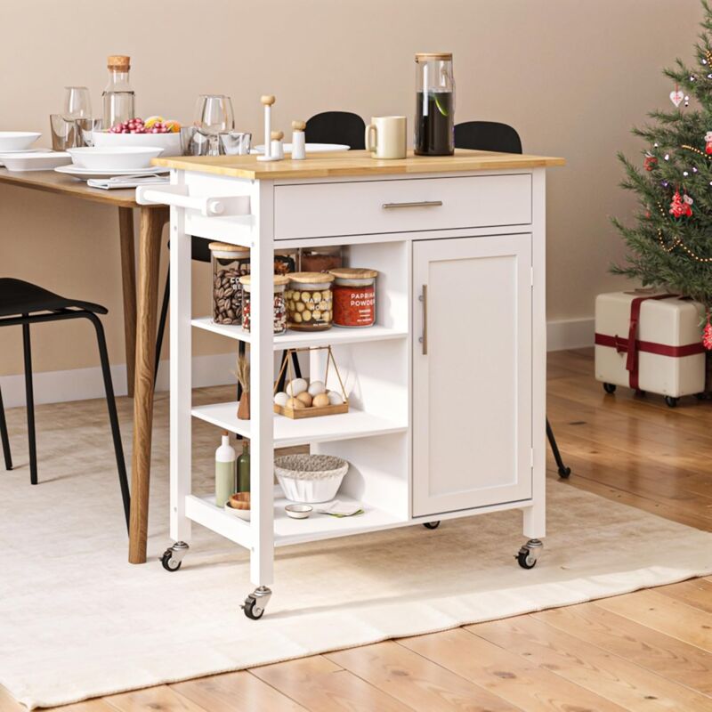 Soges Desserte de cuisine mobile îlot de cuisine sur roulettes avec grand tiroir, 3 étagères et placard avec portes et 2 étagères intérieures pour le