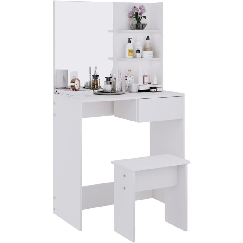 Soges - Coiffeuse avec Tabouret Table de Maquillage avec Étagère de Rangement, Miroir, Tabouret et Tiroir, Blanc