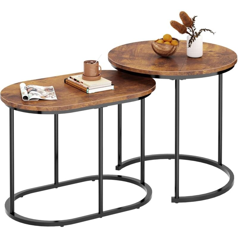 Soges - Lot de 2 Table Gigognes Salon, Table d'appoint, Table Basse Ronde de Canapé avec Cadre en Métal Doré pour Salon Balcon Terrasse et la