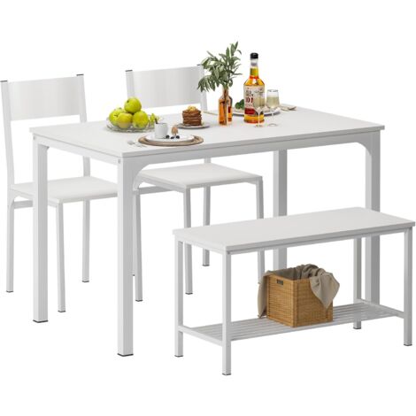 Soges Ensemble de Salle à Manger 4 pièces Table de Salle à Manger Meubles de Salle à Manger 2 chaises et Banc avec étagère en Bois et Structure en Acier pour Salle à Manger et Cuisine,Blanc