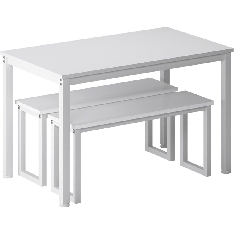 Ensemble de Salle de Manger avec Table à Manger et 2 Bancs, Ensemble de Meubles 3 Pièces 100 x 60 x 74 cm pour Salle à Manger, Cuisine, Salon, Blanc