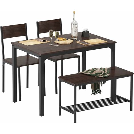 Soges – Ensemble table à manger 4 pièces – Table 110 x 70 x 76 cm – 2 chaises et banc en métal – Style moderne couleur noyer