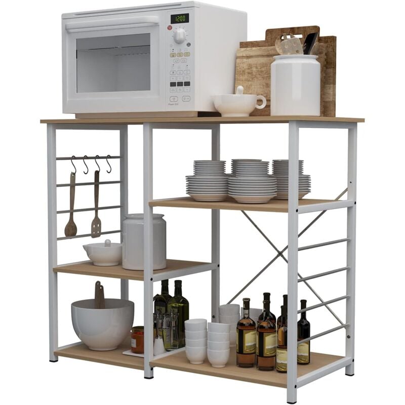 Soges - Etagère de Cuisine en métal et Bois, Meuble Rangement Desserte de Cuisine Etagère pour Four à Micro-Ondes, avec 3 + 3 Tablettes, Érable&Blanc