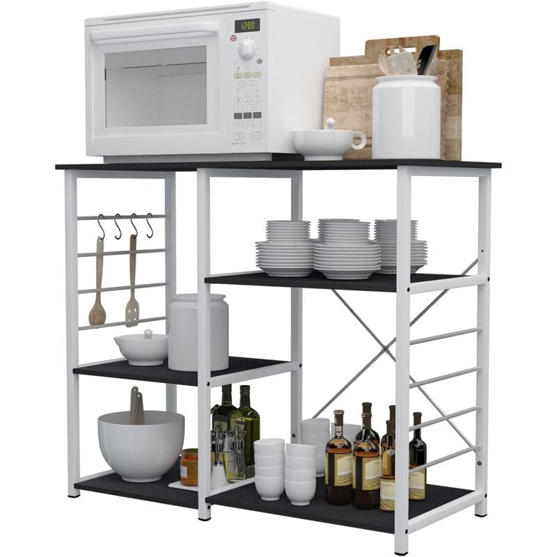 Soges - Etagère de Cuisine en métal et Bois, Meuble Rangement Desserte de Cuisine Etagère pour Four à Micro-Ondes, avec 3 + 3 Tablettes, Noir&Noyer