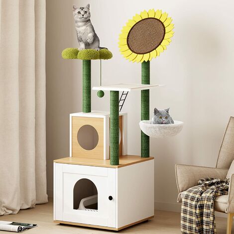 soges Katzenbaum mit Katzentoilette, verstecktes Katzenwaschraum mit Kratzpfosten, Katzenbaumturm mit Katzenwohnung und Hängematte
