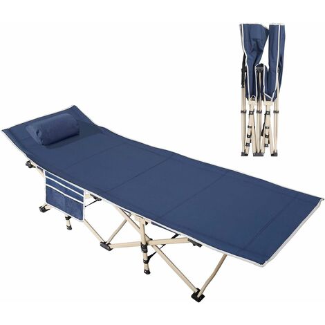 soges Lit de camp pliant Chaise pliante d'extérieur pour la pêche ou le camping, lit de camp pliable avec poches latérales et oreiller, bleu marine