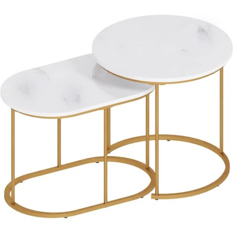 Soges – Lot de 2 tables gigognes blanches – Cadre en métal doré – MDF étanche et résistant aux rayures – Dimensions 60x35x44cm et Ø50cm