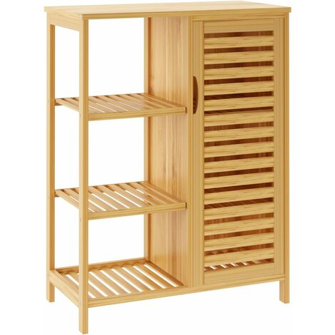 Soges – Meuble de rangement en bambou – Armoire salle de bain avec 3 étagères et 1 porte à persiennes – Dimensions 66 x 33 x 87 cm – Résistant à l'humidité