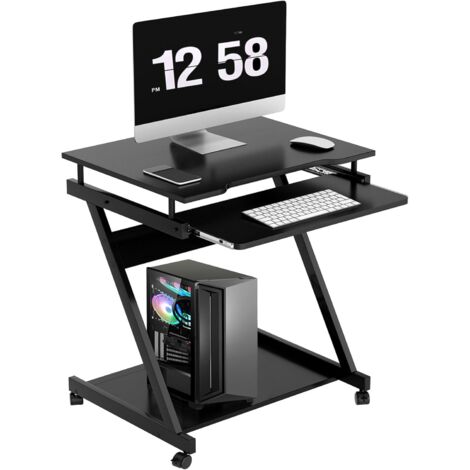 Soges Mobiler Computertisch in Z-Form,platzsparend,PC-Laptop-Tisch,Bürotisch mit 4 Rollen,leichtgängige Tastaturschublade,Schwarz