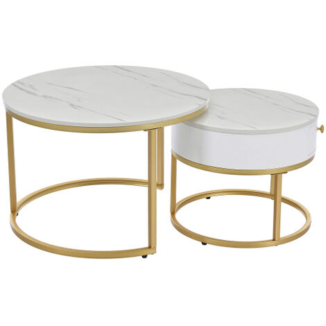 Soges Moderner Nesting Couchtisch Hochglanz Marmormuster 2er Set runde Couchtische Runder Nested Beistelltisch