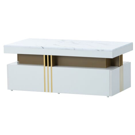 Soges Moderner rechteckiger Couchtisch mit PVC-Musterplatte und 2 Holzschubladen, Wohnzimmertisch, 1005040cm