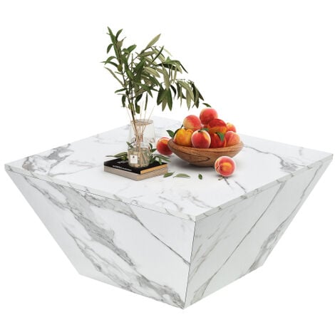 Soges Moderner Trommel Couchtisch, Trapezförmiger weißer Marmorfurnier Couchtisch, Wohnzimmertisch 707037cm