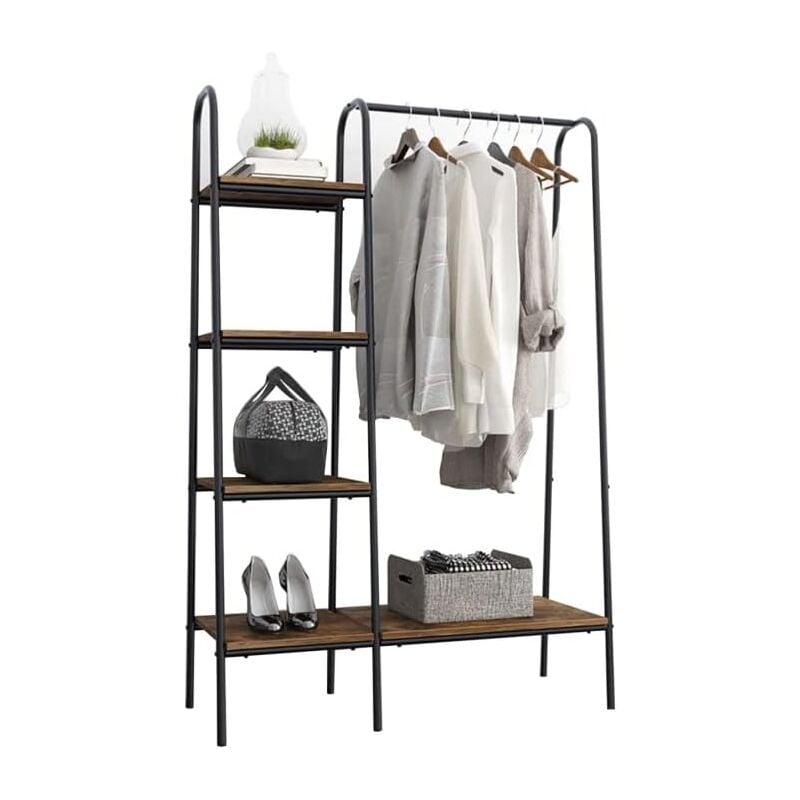 Soges - Porte-Manteau Portant à vêtements en Bois et Métal, avec 4 Etagères de Rangement, Gain de Place, pour Chambre, Entrée, Bureau, 100 x 40 x
