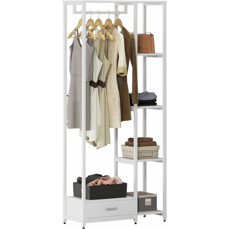 Portant avec étagères et tiroirs, armoire ouverte en acier et mdf, 180 cm, blanc - Soges