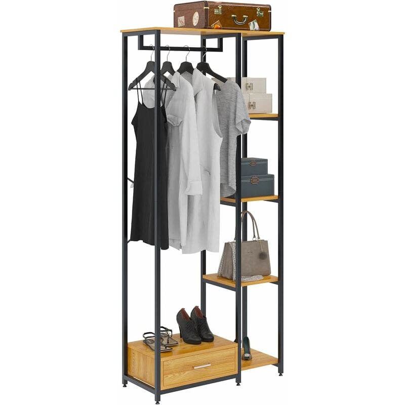 Porte-vêtements sur pied, porte-vêtements avec étagères à 5 niveaux, barre de suspension et tiroir, organisateur de rangement pour placard ouvert,