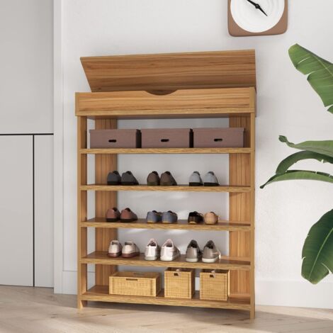 Soges Schuhregal aus Holzverbundstoff mit 5 Ebenen,Schuhregal für Wohnzimmer und Flur,Größe 75 x 24 x 94 cm,Teak