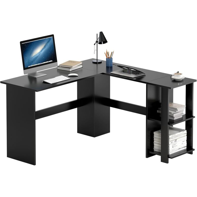 Soges - Bureau d'angle noir en forme de l avec étagère pour étudier, travailler, jouer, 130 x 130 x 74 cm, noir