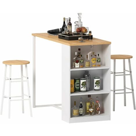 Soges Table de bar avec 3 étagères + 2 tabourets, lot de 3 pour table de bar 2 places pour cuisine/salle à manger/salon, teck+blanc