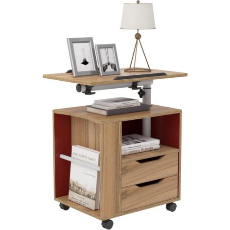 Soges – Table de chevet roulante avec 2 tiroirs – Hauteur réglable 67-115 cm – Plateau pivotant 360° – Bois de particules et métal thermolaqué – 60 x 40 cm