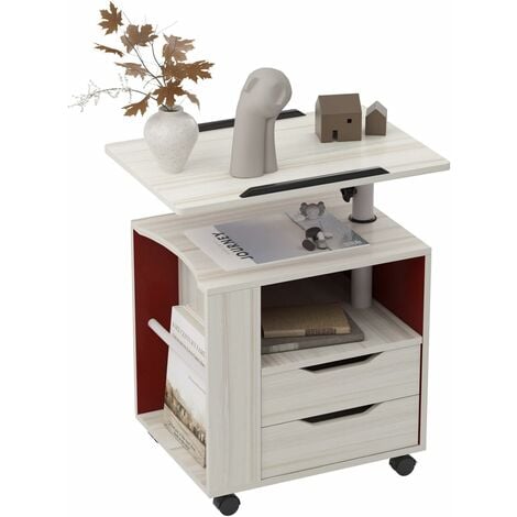 SOGES chevet sur roulettes, table d'appoint avec 2 tiroirs, meuble de rangement avec panneau supérieur, pivotant à 360 degrés, érable