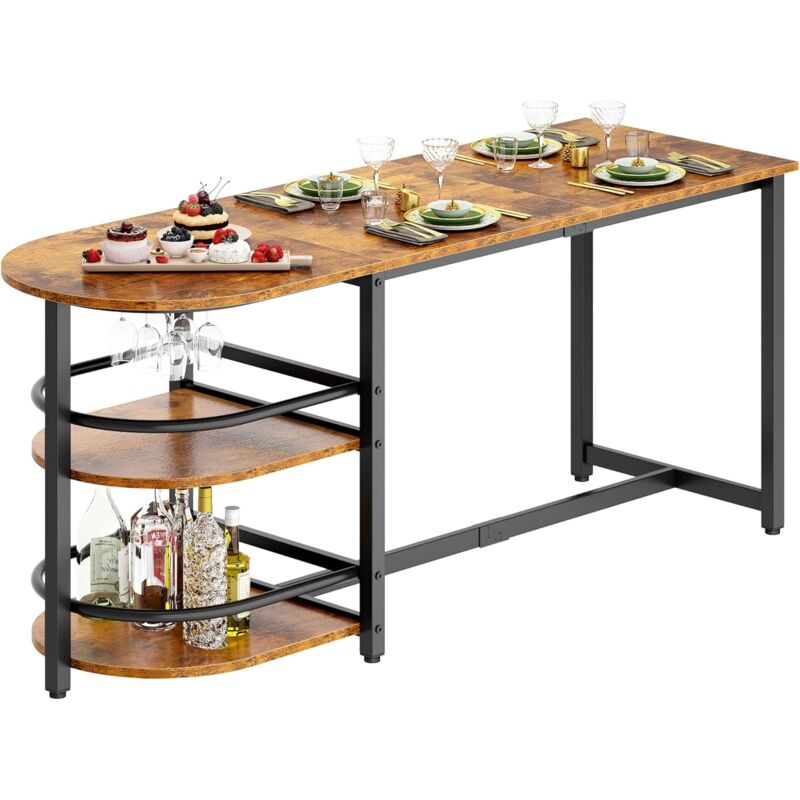 Soges - Table de salle à manger 180 x 80 cm, robuste, en métal, table de cuisine industrielle avec porte-verre à vin, 2 étagères, marron vintage