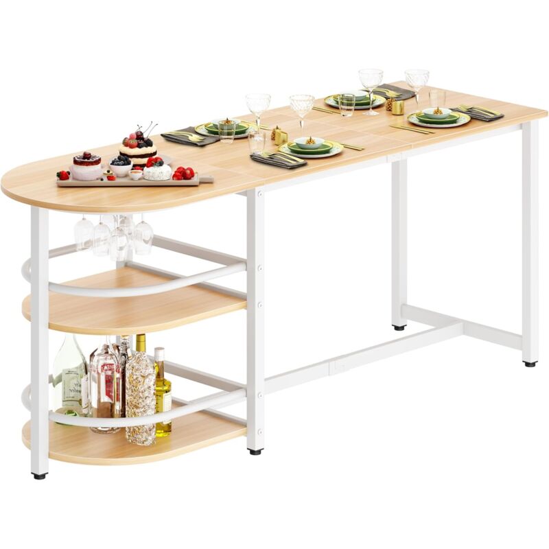 Soges - Table de salle à manger 180 x 80 cm, robuste, en métal, table de cuisine industrielle avec porte-verre à vin, 2 étagères,Érable Blanc