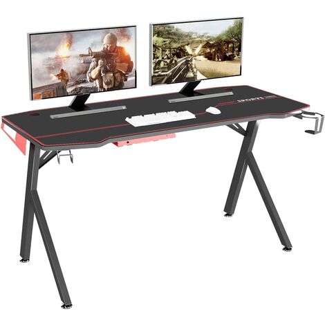 Soges Table PC Gamer Table d'ordinateur Table de jeu avec tapis de souris étanche Bureau d'ordinateur en forme de Y Table PC avec porte-gobelet, support pour casque et boîte de base, 60 x 140 cm, noir