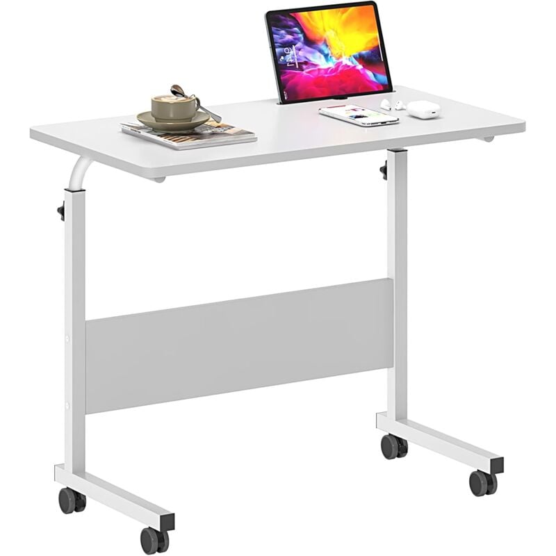 Soges - Table pour ordinateur portable réglable en hauteur, petite table d'appoint 8040 cm amovible avec roulettes et fentes pour étagères,Blanc