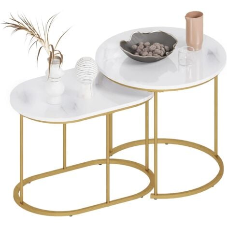 SogesHome Couchtisch 2er-Set,Wohnzimmertisch,Sofatisch,Kaffeetisch, Satztisch mit Marmormuster,goldenes Metall,Weiß