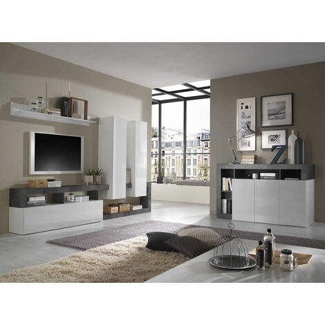 Parete Attrezzata Da Soggiorno, Mobile Porta Tv Con Pensili, Salotto  Moderno Completo Effetto Marmo Di Carrara, Cm 240x50xh196, Colore Bianco E