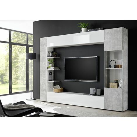 Parete da soggiorno con base porta TV e vetrina pensile, cm 185 x 42 x 195,  colore Bianco e Rovere