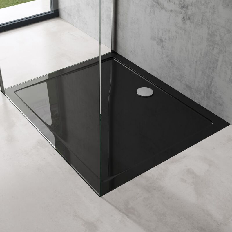 Bac à Douche Antiglisse Receveur de Douche Rectangulaire Noir Acrylique Faro2 100x120x4cm + Bonde AL01 - Doporro