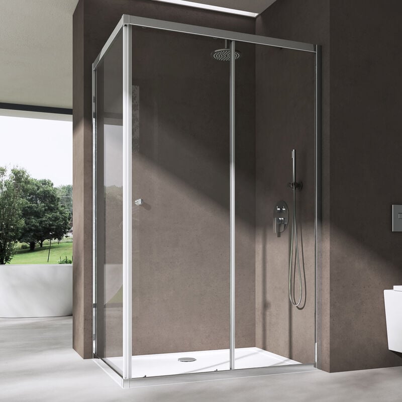 Cabine de Douche en Angle Porte Coulissante Verre de Sécurité Transparent 6mm avec Revêtement nano Ravenna16L k 90x140x190 cm - Transparent - Sogood