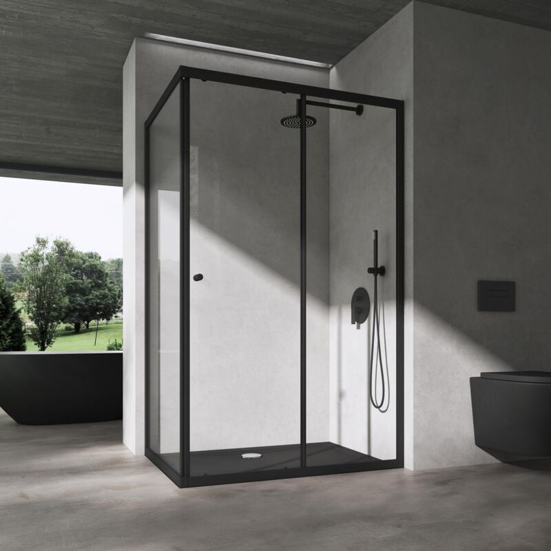 doporro Cabine de Douche Profilés Noir Verre de Sécurité Transparent 6mm avec Revêtement NANO 80x100x190cm Montage Réversible Ravenna16L K