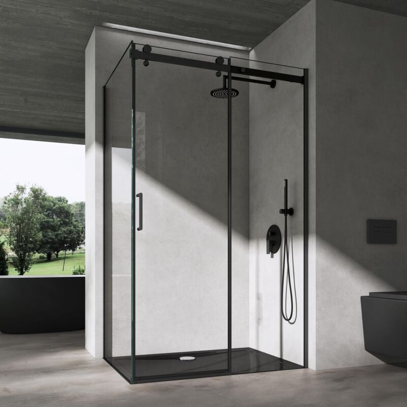 Sogood - doporro Cabine de Douche Noir en Angle 90x150x195cm Porte Coulissante avec Amortisseur Transparent 8mm avec Revêtement nano Ravenna19