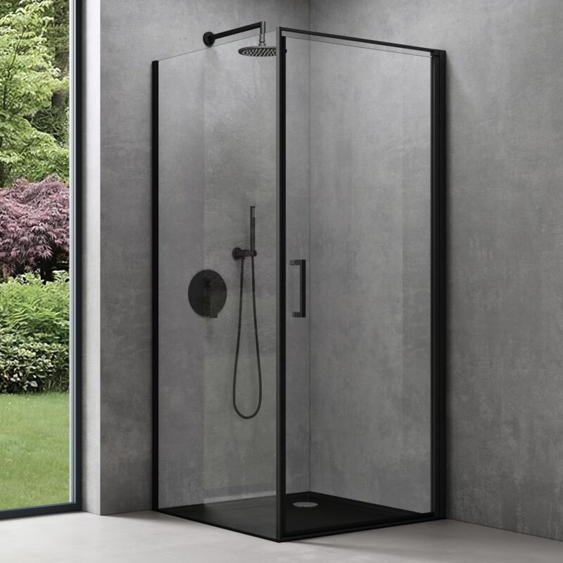 Sogood - doporro Cabine de Douche Noir 75x75x195 Montage Réversible Paroi de Douche Design Ravenna36K-Plus en Verre Transparant de 8mm Traitement
