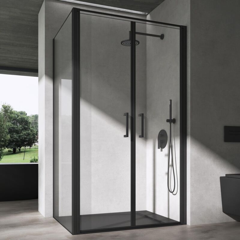 Cabine de Douche Rectangulaire 90x120x195 cm Paroi de Douche Noir avec Receveur de Douche Porte Pivotante en Verre Transparent de 8mm Traitement nano