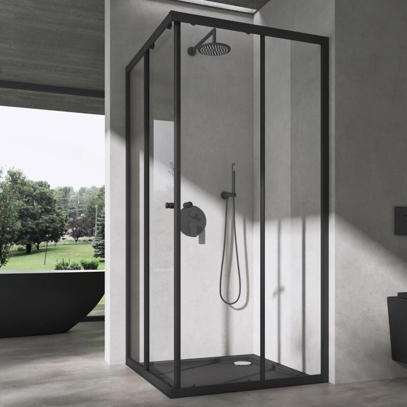Sogood - Cabine de Douche Transparent en Angle Paroi de Douche avec Portes Coulissantes Profilé Noir Ravenna16K-Plus 70x90x190 cm - Transparent